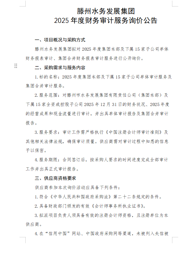 【水发集团】滕州水务发展集团2025年度财务审计服务询价公告